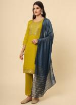 Silk Blend Mustard Casual Wear Embroidery Work Readymade Kurti Set